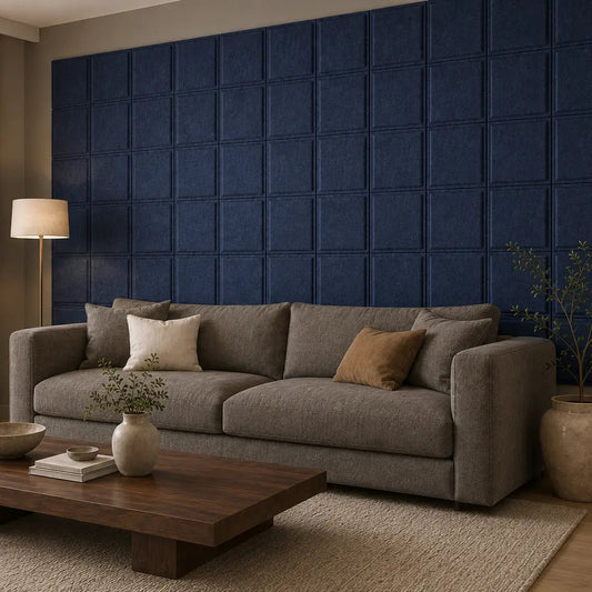 Angled view of a modern living room featuring navy 3D felt wall panels, a taupe sofa and a wooden coffee table