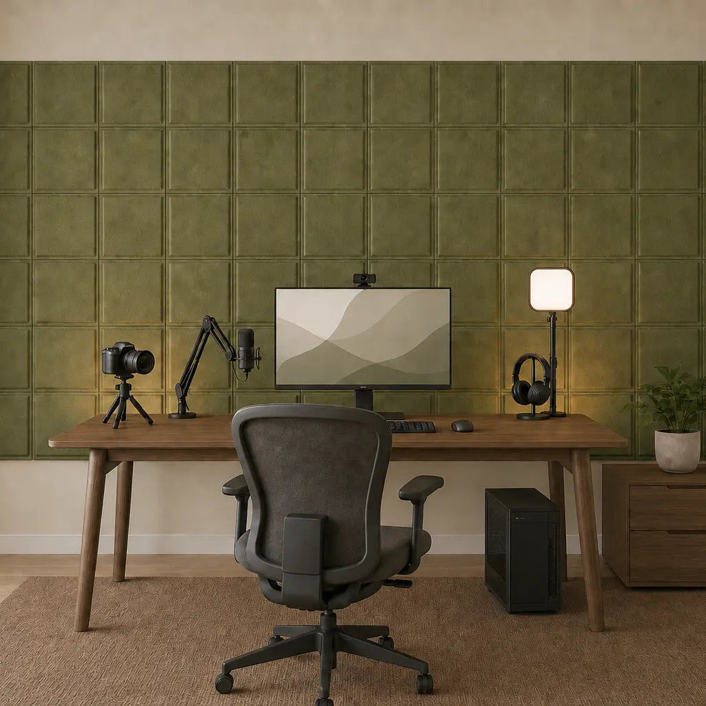 Stylish room featuring olive Square Bold 3D acoustic felt wall panels behind a wooden desk