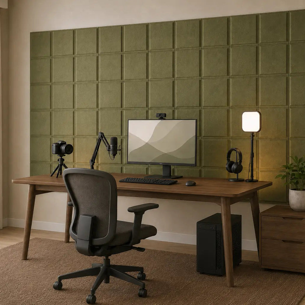 Angled view of a modern home office featuring olive 3D felt wall panels and a video recording setup