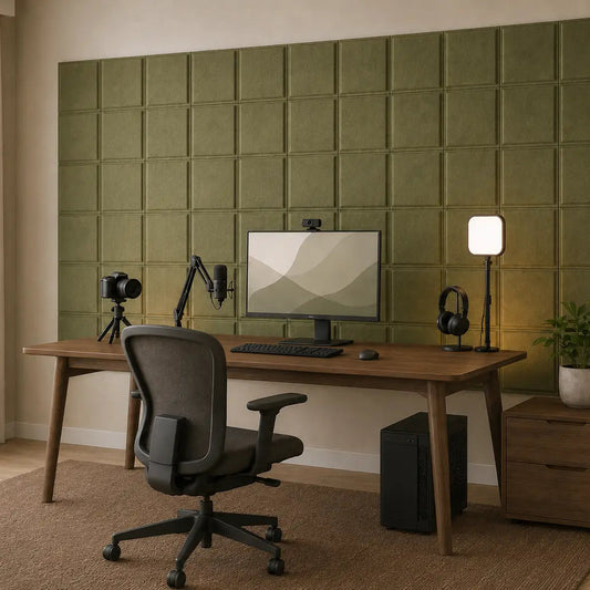 Angled view of a modern home office featuring olive 3D felt wall panels and a video recording setup
