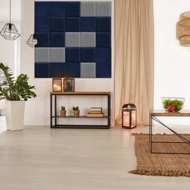SQUARE RIFT 2 Acoustic 3D Felt Wall Panels in cozy living room interior  cropped NAVY 30x30 cm DecorMania.eu