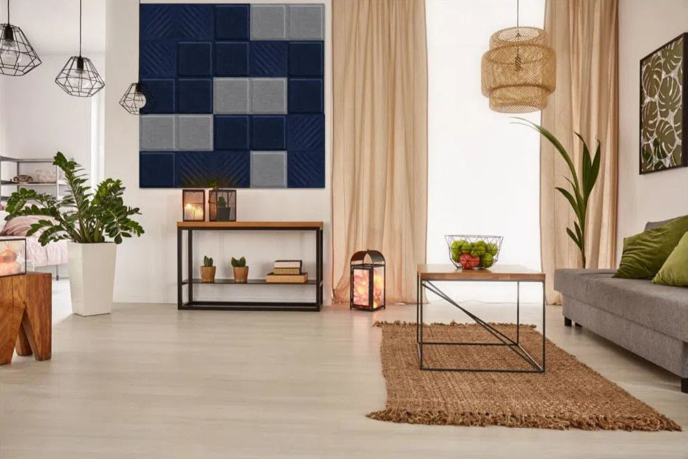 SQUARE RIFT 2 Acoustic 3D Felt Wall Panels in cozy living room interior NAVY 30x30 cm DecorMania.eu