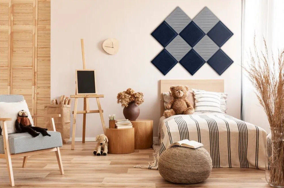 SQUARE RIFT 2 Acoustic 3D Felt Wall Panels in childrens bedroom interior NAVY 30x30 cm DecorMania.eu