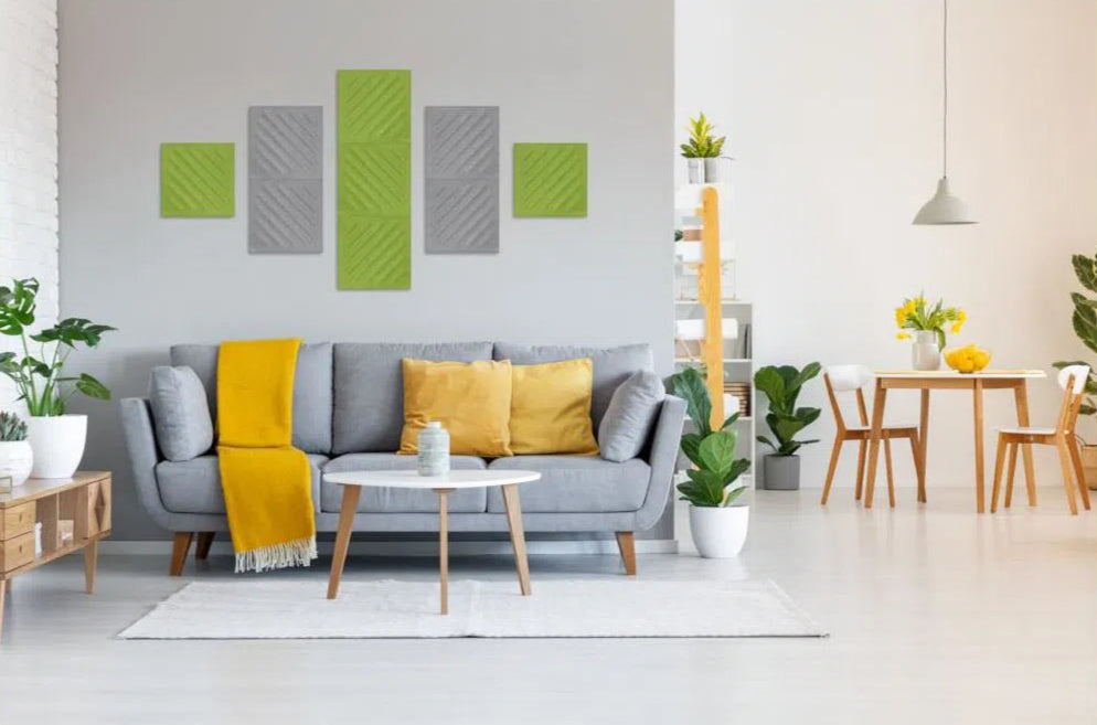 SQUARE RIFT 2 Acoustic 3D Felt Wall Panels in grey living room OLIVE DecorMania.eu