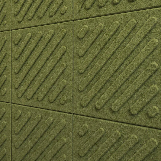 Close-up of olive green acoustic felt wall panels highlighting the fibrous texture, raised relief and module connections.