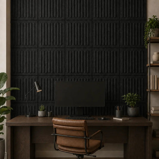 Black square rift 3D PET felt wall panel with a geometric square shape front view