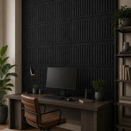 Black square rift 3D PET felt wall panel with a geometric square shape side view