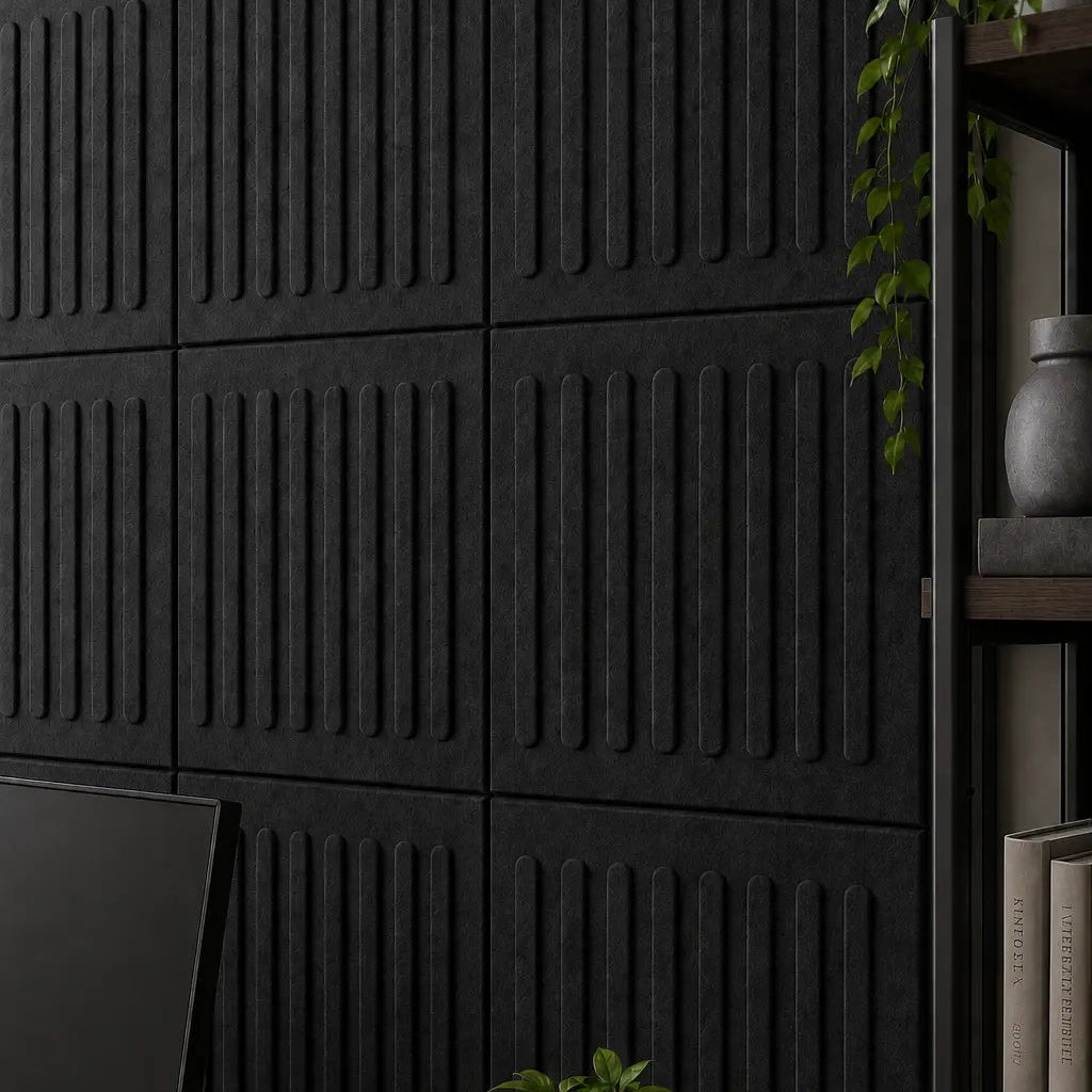 Black square rift 3D PET felt wall panel with a geometric square shape close up view