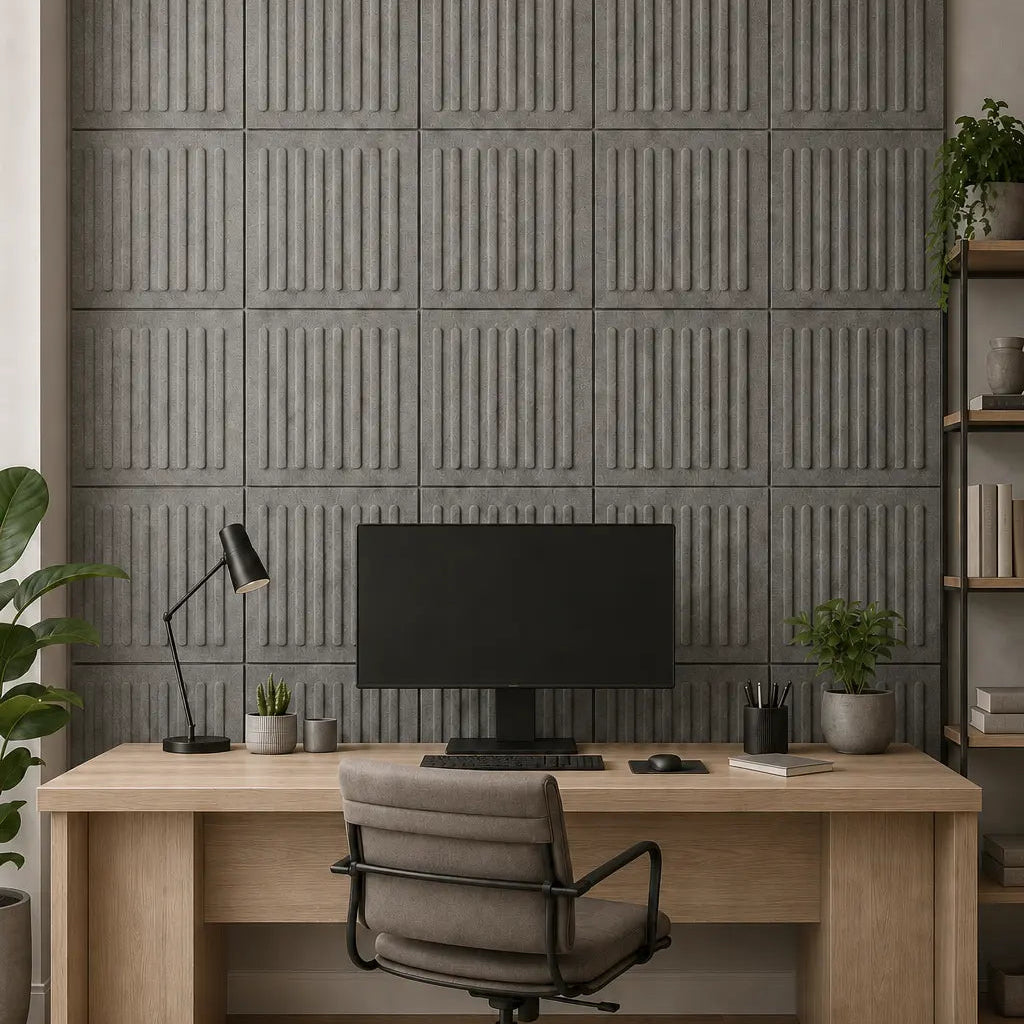 Grey square 3D acoustic felt wall panels with a vertical ribbed pattern in a modern home office
