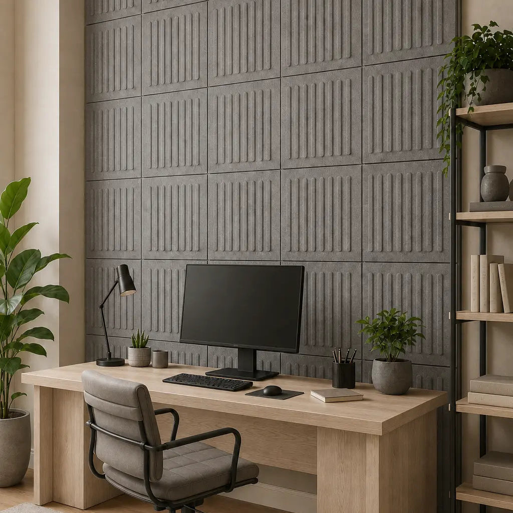 Grey 3D acoustic felt wall panels with raised vertical lines, shown from an angled perspective in a home office