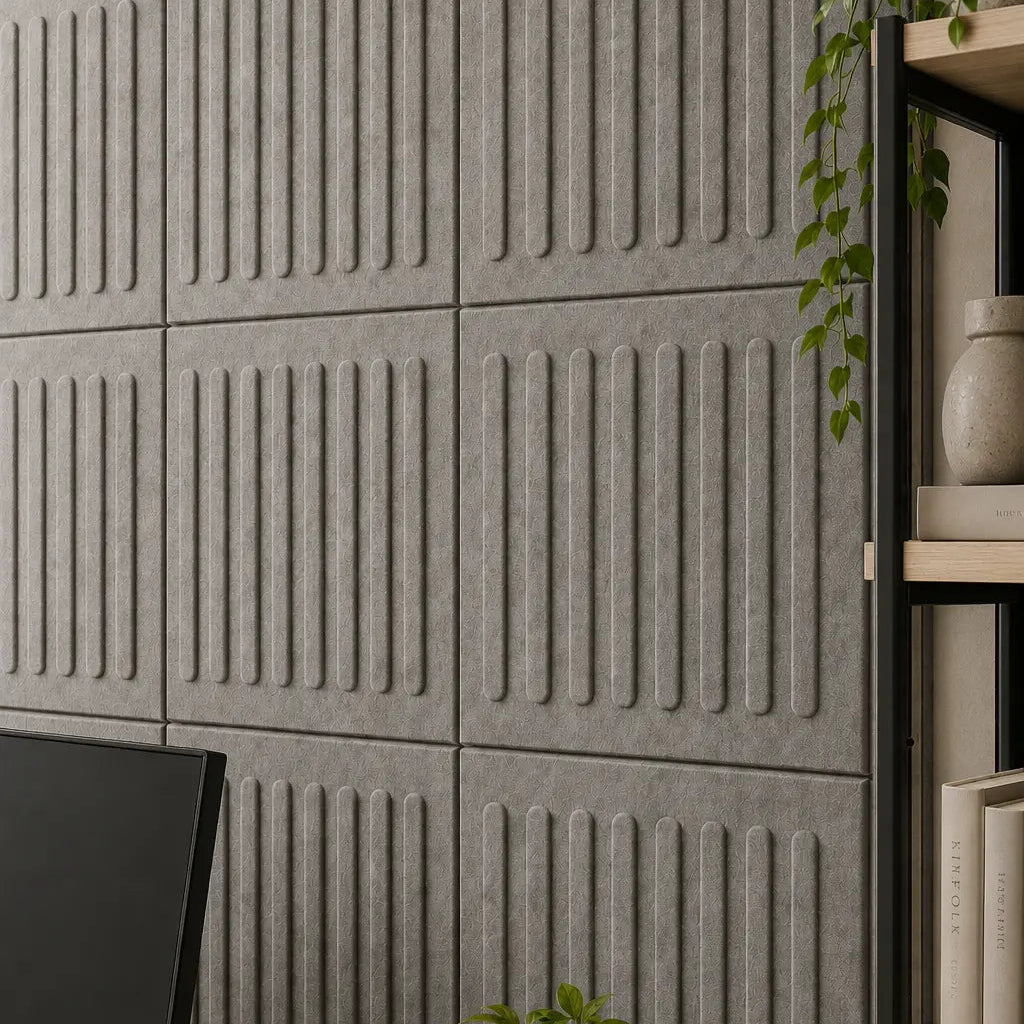 Close-up of grey acoustic felt wall panels showing their textured surface, regular joints and raised vertical pattern