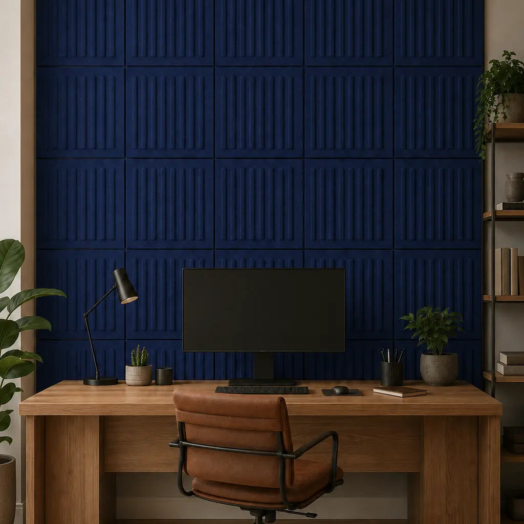 Navy blue square 3D acoustic felt wall panels with a vertical ribbed pattern in an elegant home office