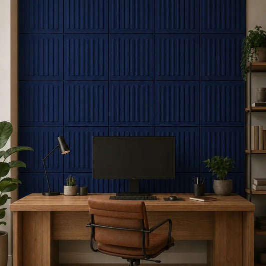 Navy blue square 3D acoustic felt wall panels with a vertical ribbed pattern in an elegant home office