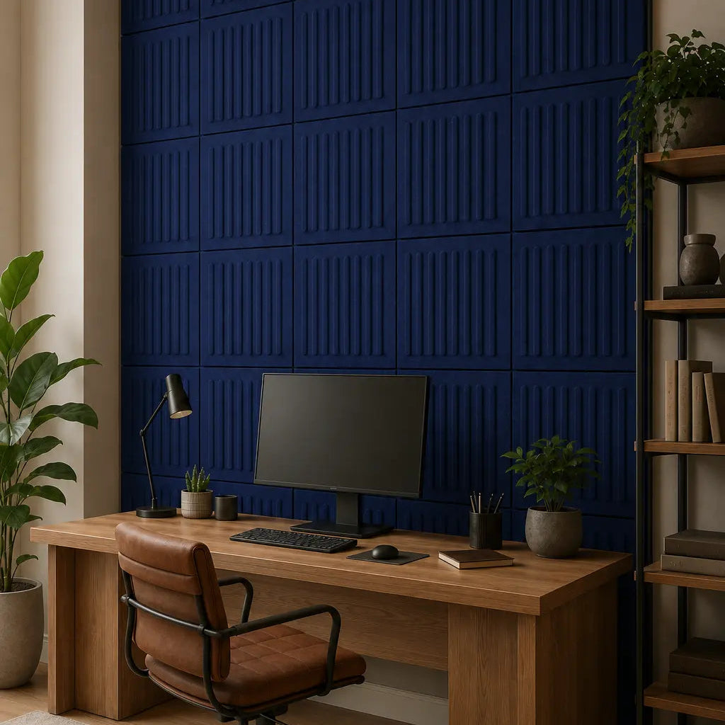 Navy blue 3D acoustic felt wall panels arranged in a regular grid, shown from an angled perspective in a home office