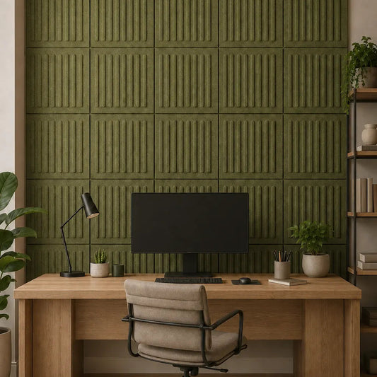 Olive square rift 3D PET felt wall panel with a geometric square shape front view