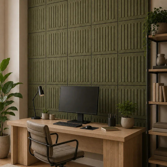 Olive square rift 3D PET felt wall panel with a geometric square shape side view