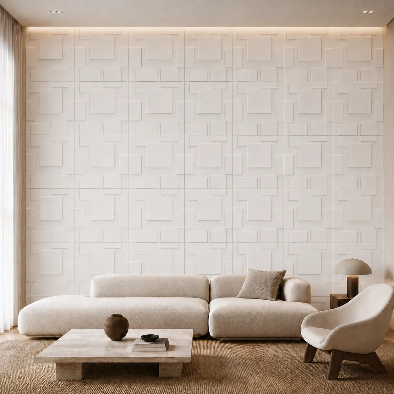 Frontal view of a modern living room with a feature wall covered in white geometric gypsum 3D panels