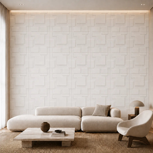 Frontal view of a modern living room with a feature wall covered in white geometric gypsum 3D panels