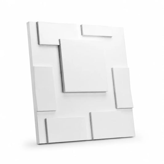 White 50 × 50 cm gypsum 3D wall panel featuring an asymmetrical geometric relief on a white background