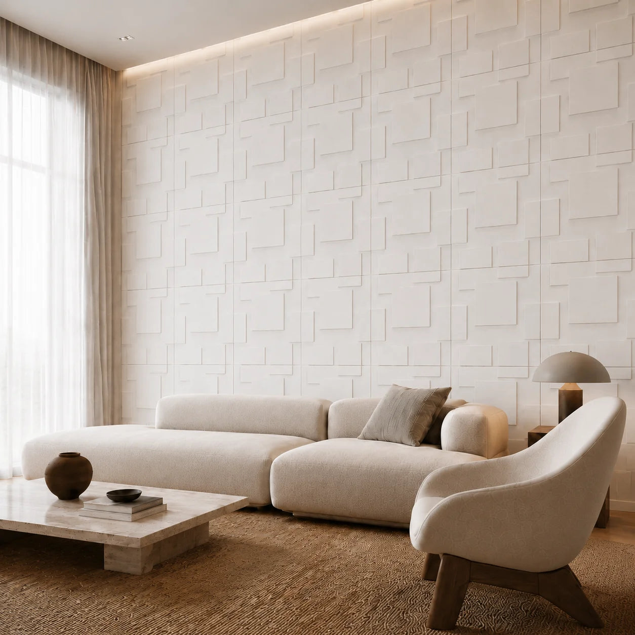Modern living room viewed at a 45-degree angle, featuring a full wall of white geometric gypsum panels
