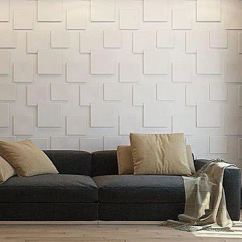 SQUARES Gypsum 3D Wall Panels white accent wall in living room interior cropped DecorMania.eu
