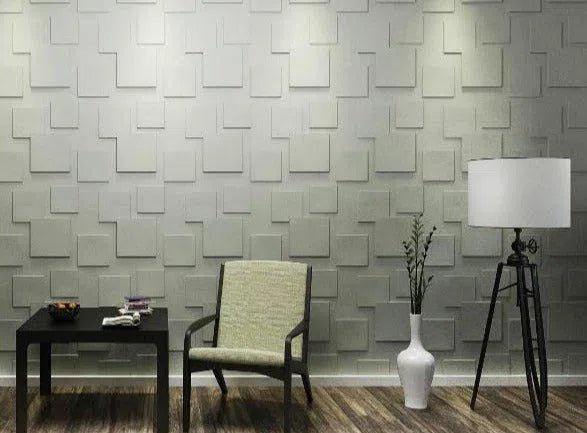 SQUARES Gypsum 3D Wall Panels in grey living room interior DecorMania.eu