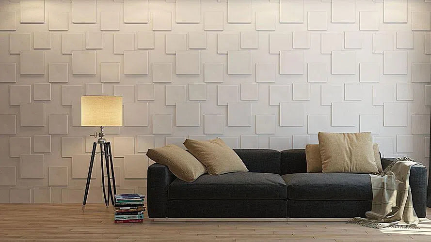 SQUARES Gypsum 3D Wall Panels in white colour living room interior DecorMania.eu