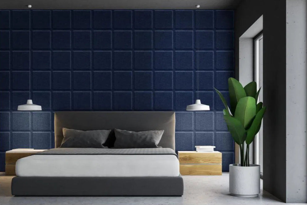 SQUARE BOLD Acoustic 3D Felt Wall Panels in bedroom interior NAVY Decormania.eu