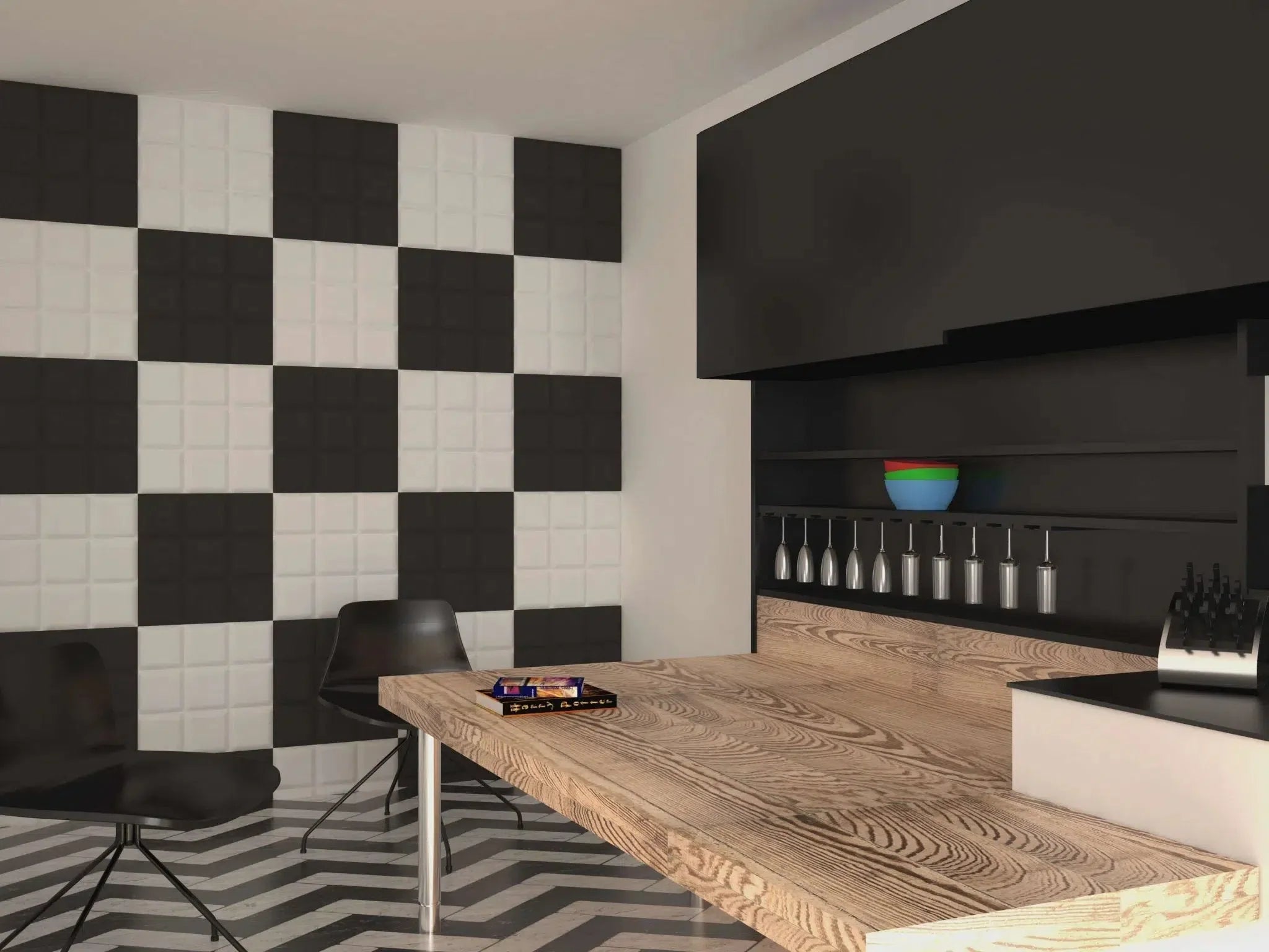SQUARE Polystyrene Wall Art – 3D Decorative Panels in black and white colour interior DecorMania.eu