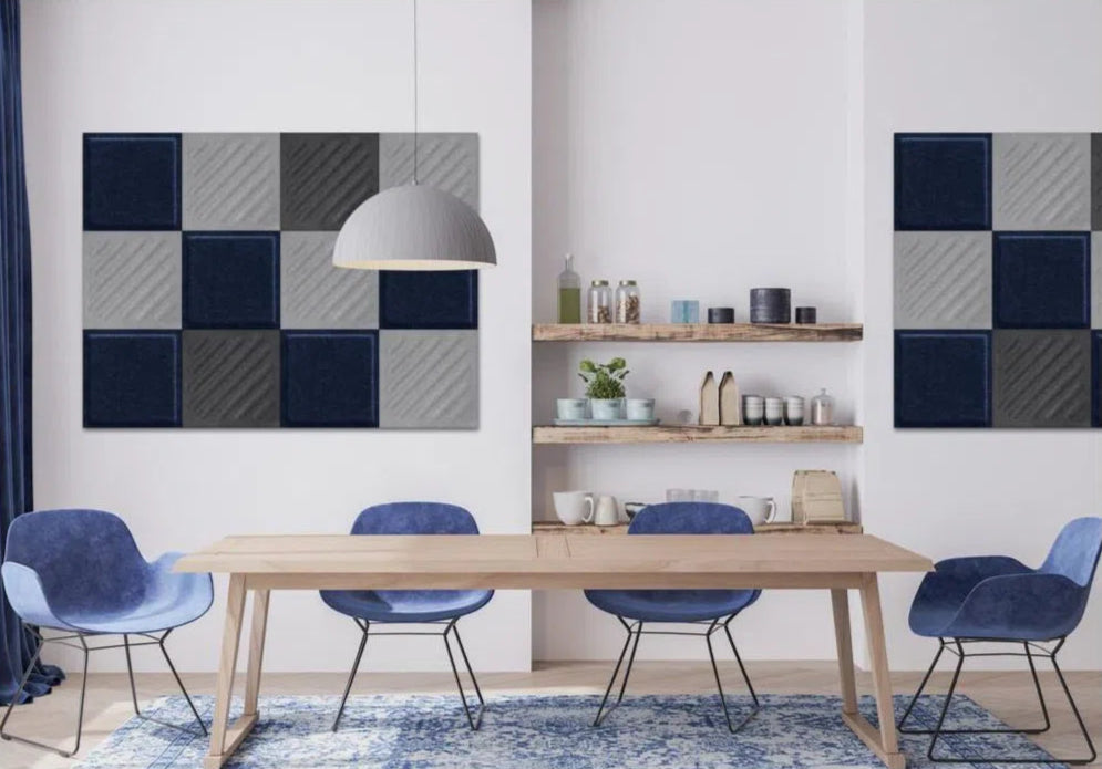SQUARE RIFT 2 Acoustic 3D Felt Wall Panels in dining room interior GREY DecorMania.eu