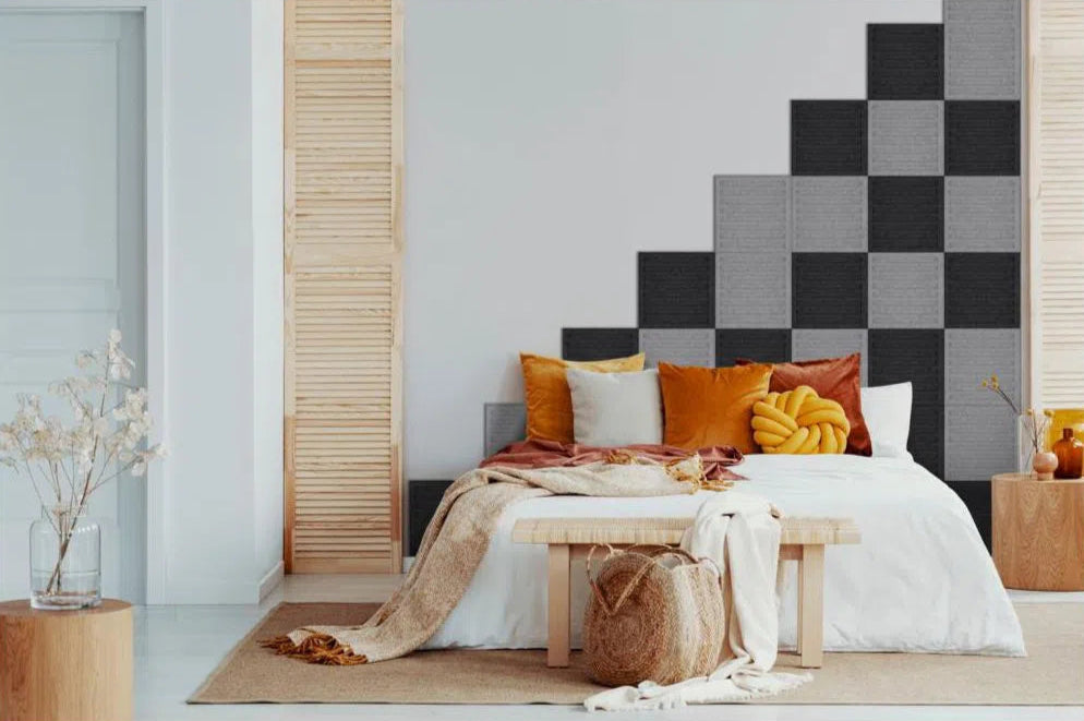 SQUARE RIFT Acoustic 3D Felt Wall Panels in bedroom interior GREY DecorMania.eu
