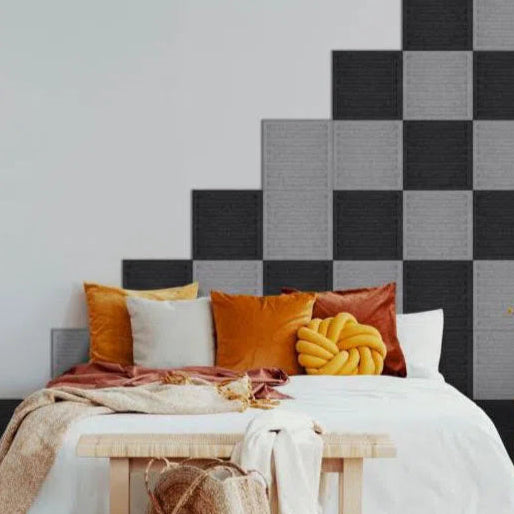 SQUARE RIFT Acoustic 3D Felt Wall Panels in bedroom interior GREY cropped DecorMania.eu