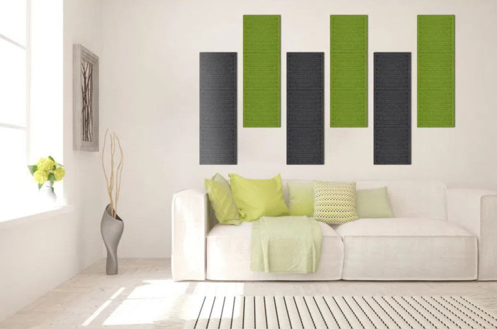 SQUARE RIFT Acoustic 3D Felt Wall Panels in living room interior OLIVE DecorMania.eu