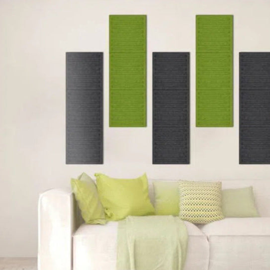 SQUARE RIFT Acoustic 3D Felt Wall Panels in living room interior OLIVE cropped DecorMania.eu
