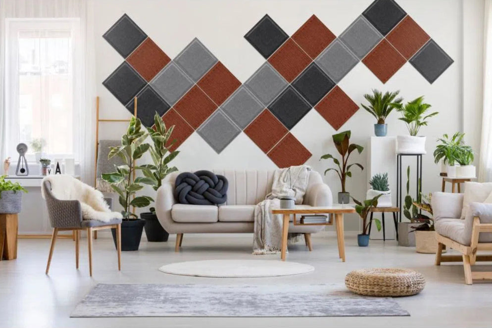 SQUARE RIFT Acoustic 3D Felt Wall Panels in living room interior RUSTY DecorMania.eu