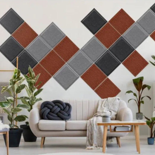 SQUARE RIFT Acoustic 3D Felt Wall Panels in living room interior RUSTY cropped DecorMania.eu
