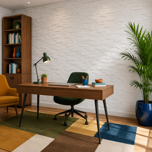 Angled view of a stylish home office with wooden furniture, green seating, indoor plants, and white stone-effect 3D polystyrene wall panels