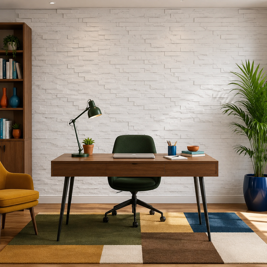 Front view of a colorful modern home office featuring a full wall of white 3D polystyrene panels with a stacked-stone pattern