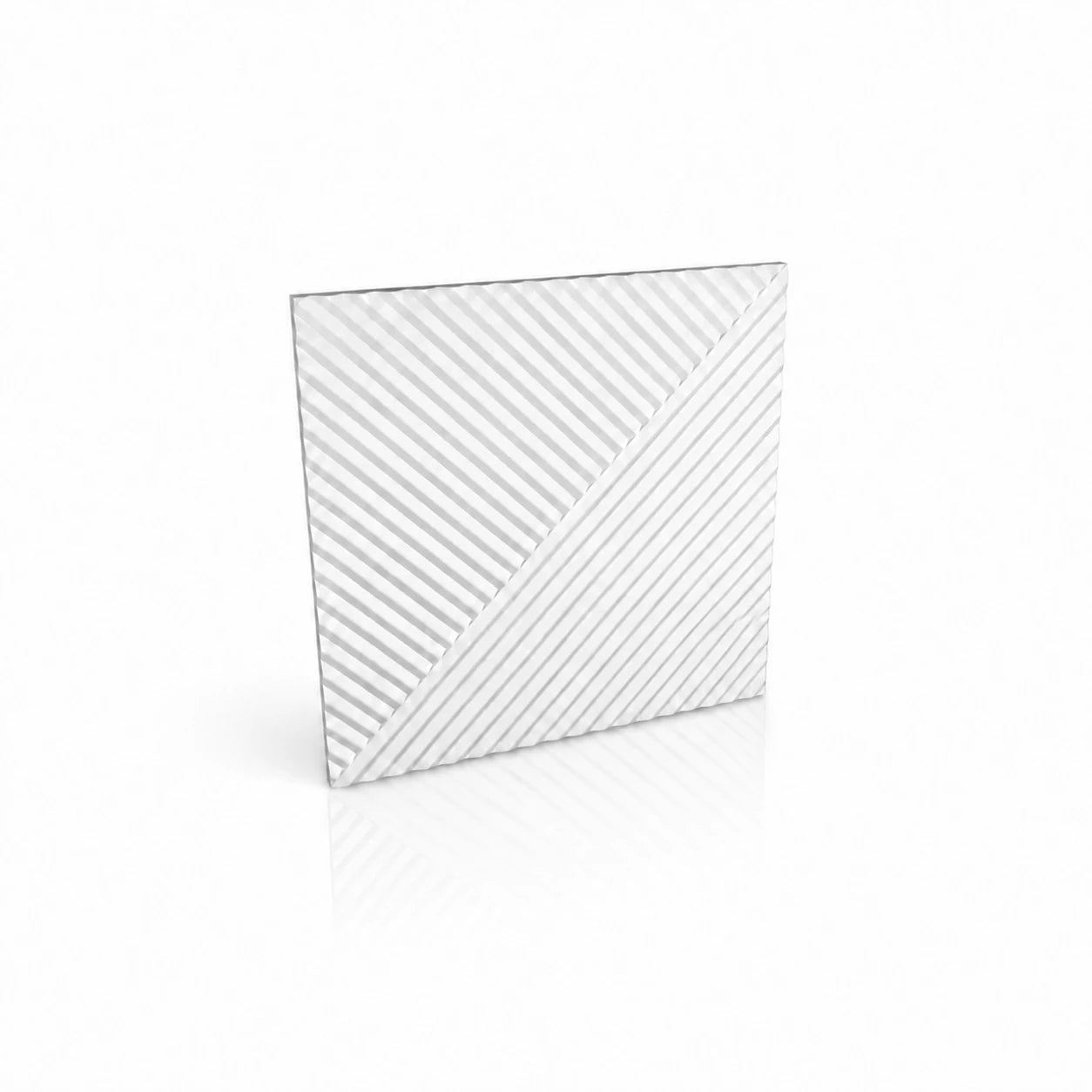 White 3D polystyrene wall panel with diagonal ribbed stripes and a geometric division