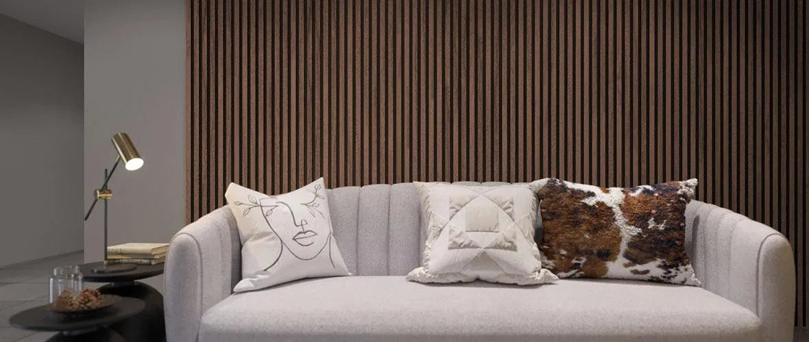 Sapelli Acoustic Wood Slat Wall Panel in living room interior DecorMania.eu