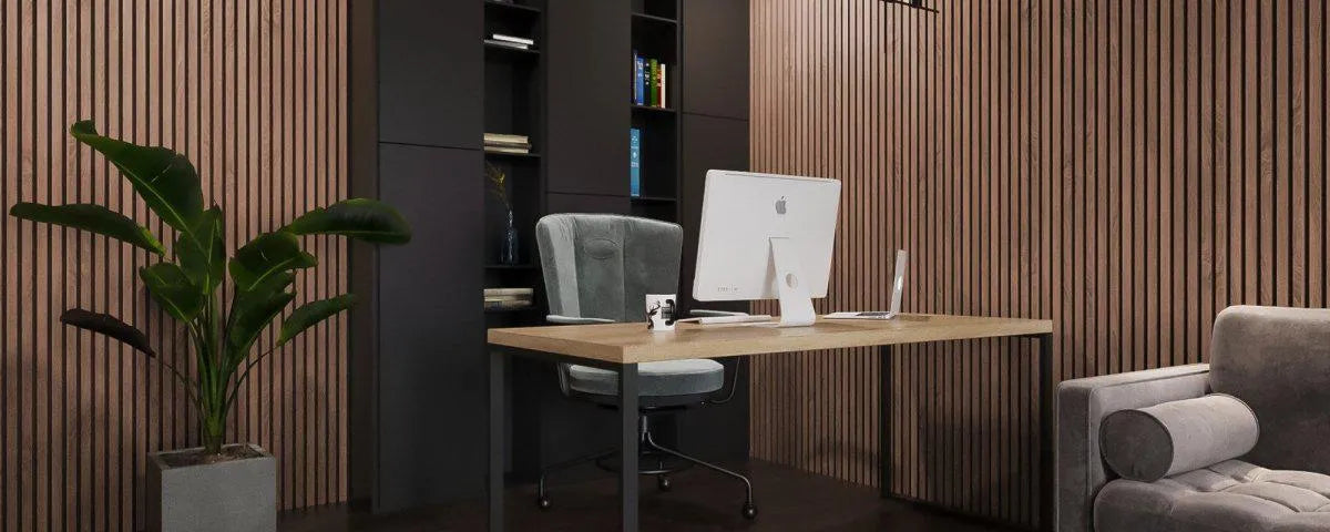 Sapelli Acoustic Wood Slat Wall Panel in office interior DecorMania.eu