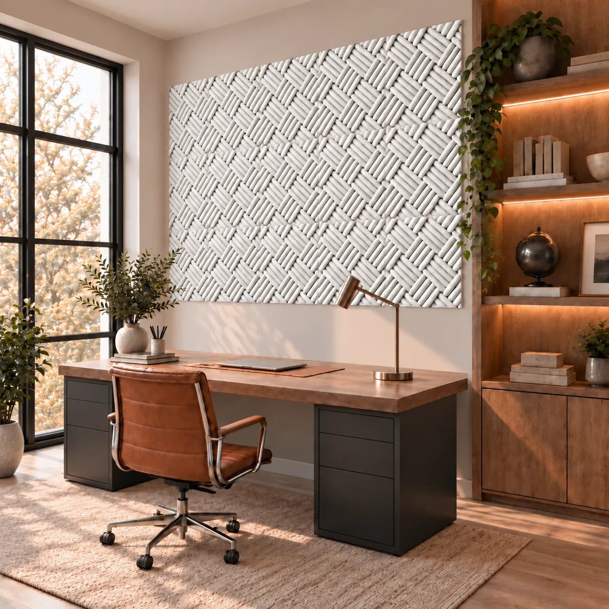 Pannelli murali 3D in gesso Shetland installati in un moderno studio domestico con arredi in legno caldo