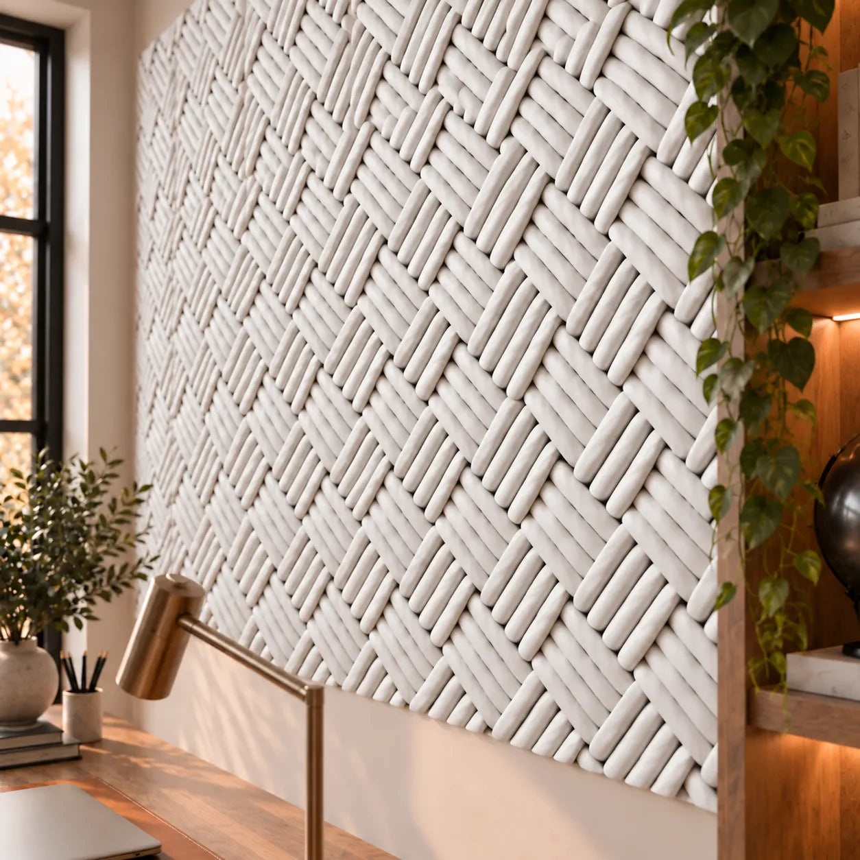 Primo piano dei pannelli murali 3D in gesso Shetland che mostra il dettagliato rilievo intrecciato e la texture in gesso bianco