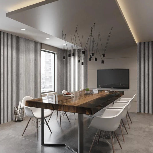 Siberian Acoustic Wood Slat Wall Panel in dining room interior DecorMania.eu