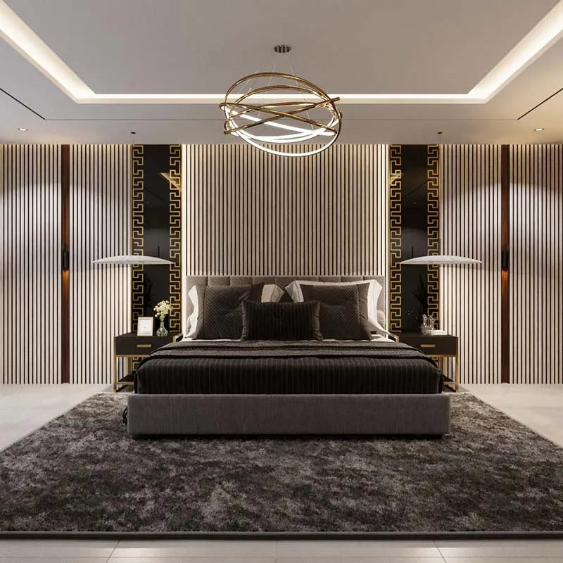 Siberian Wood Slat Wall Panelling – 280x60 cm in bedroom interior DecorMania.eu