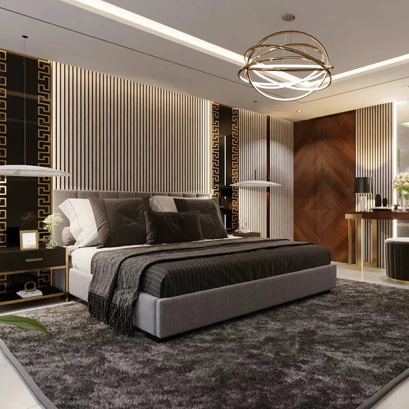 Siberian Wood Slat Wall Panelling in bedroom interior 280x60 cm DecorMania.eu