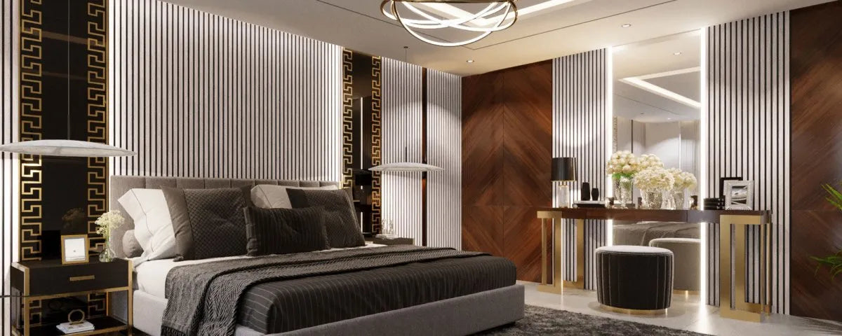 Siberian Wood Slat Wall Panelling – 280x60 cm in bedroom interior DecorMania.eu
