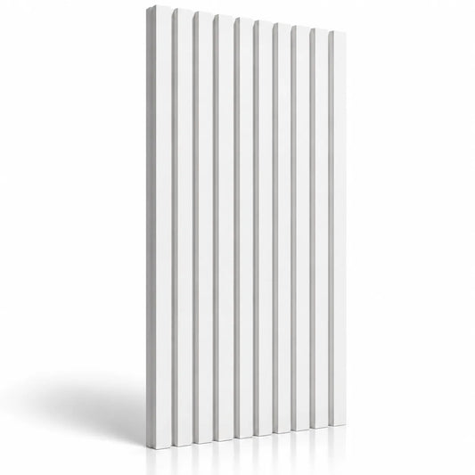 Panneau mural 3D en plâtre Slats blanc avec rainures verticales, ombre douce et reflet sur fond blanc