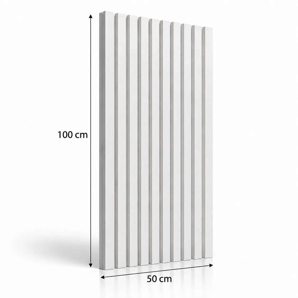 Baltas Slats 3D gipsinis sienų skydas su matmenų rodyklėmis, nurodančiomis 100 cm aukštį ir 50 cm plotį