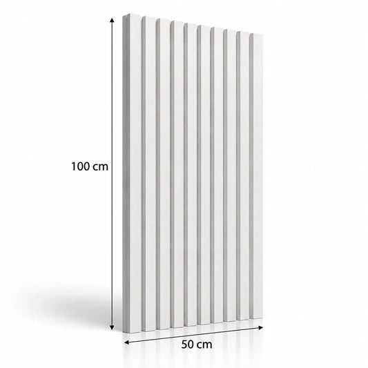 Panneau mural 3D en plâtre Slats blanc avec flèches de dimension indiquant 100 cm de hauteur et 50 cm de largeur